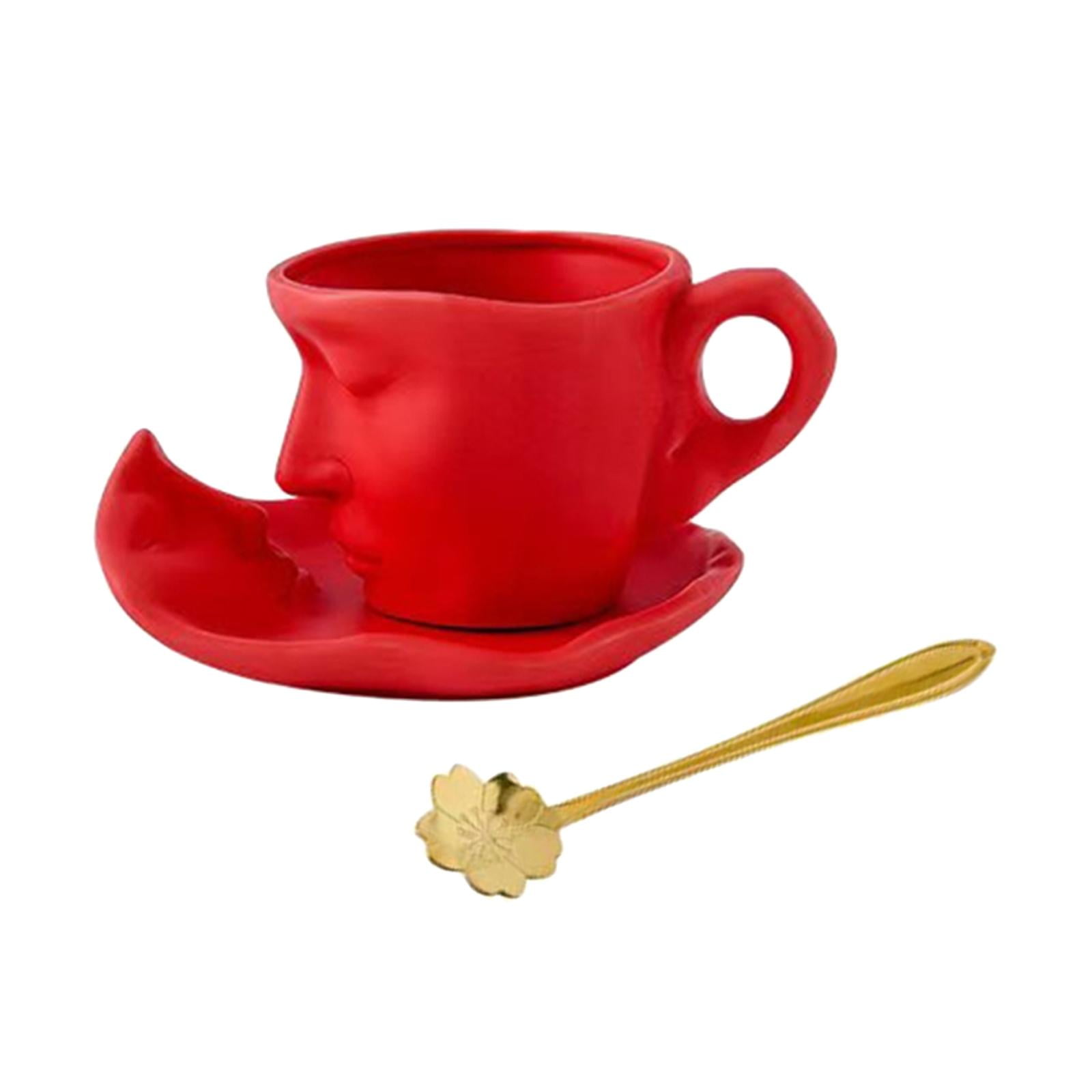 Nishiyuenyi 3D Human Face Kissing Mug with Spoons and Human Face Coaster Espresso Mugs 260ml Red