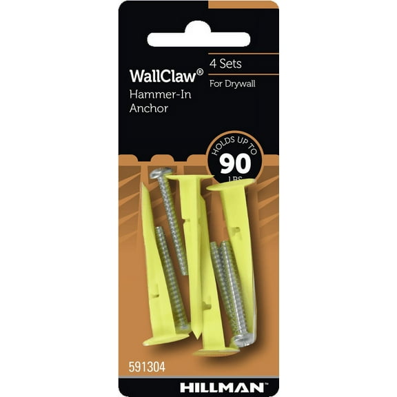 Hillman Wall Claw, Hollow Wall, Hammer-in Drywall Anchors with Screws, 90lbs - 4 Pieces