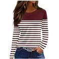 thumbnail image 2 of ClodeEU Womens Round Neck Striped T Shirt, Long Sleeve Loose Fit Blouses Top ,Fall Fashion Pullover Wine,Womens Plus S, 2 of 5