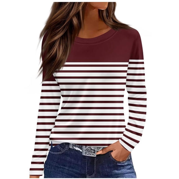 CHGBMOK Long Sleeve T Shirts for Women Stripes Casual Crew Neck Blouses Loose Base Tunic Tops