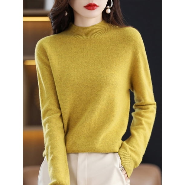 Suéter de cuello alto medio para mujer, suéter de cachemira suelto de punto de otoño e invierno de pura lana