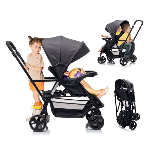 Funyard sit upright double lightweight travel stroller, with standing platform，Canopy，Tray Table