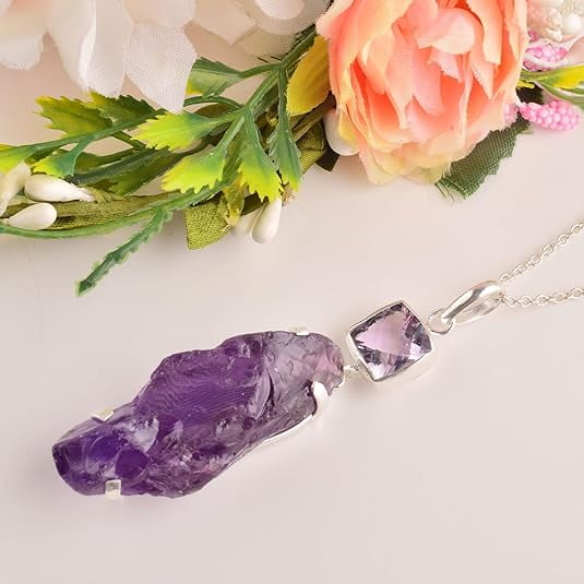 Natural Real Purple Amethyst Crystals Bezel Pendant Necklace, Double Stone Pendant, Healing Rough Gemstone, Birthday, Prong Setting Pendant, Occasion Wear, Gift for Her