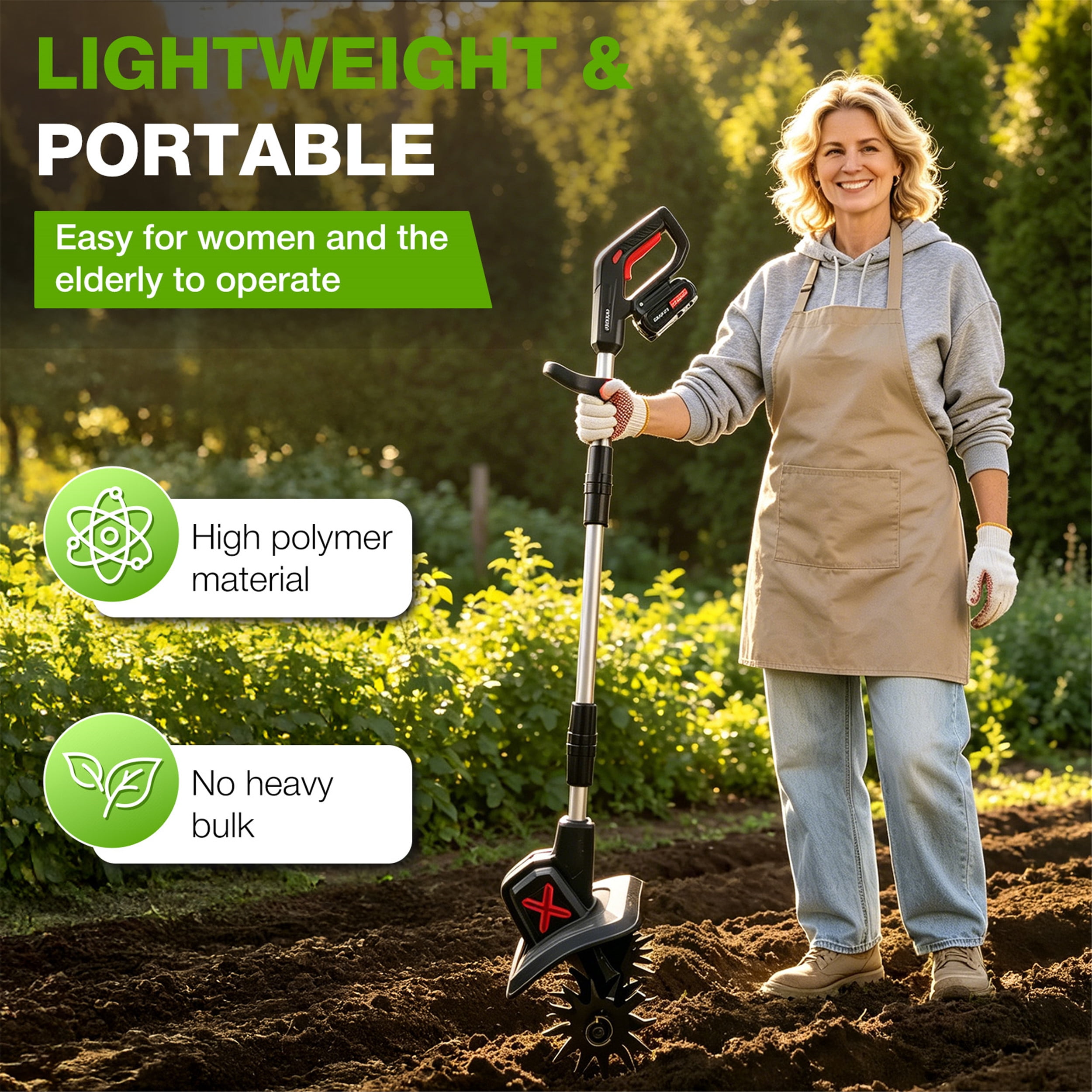 SHALL 21V Cordless Tiller Cultivator, 360RPM Electric Garden Tiller with 2 * 2.0Ah Batteries & Fast Charger, 8" Width and 6" Depth Garden Rototiller for Lawn, Gardening, Soil Cultivation