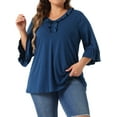thumbnail image 1 of Blusa elegante casual de mujer plus size Agnes Orinda con volantes, manga 3/4, escote en V, talla 1X, color azul, 1 of 6