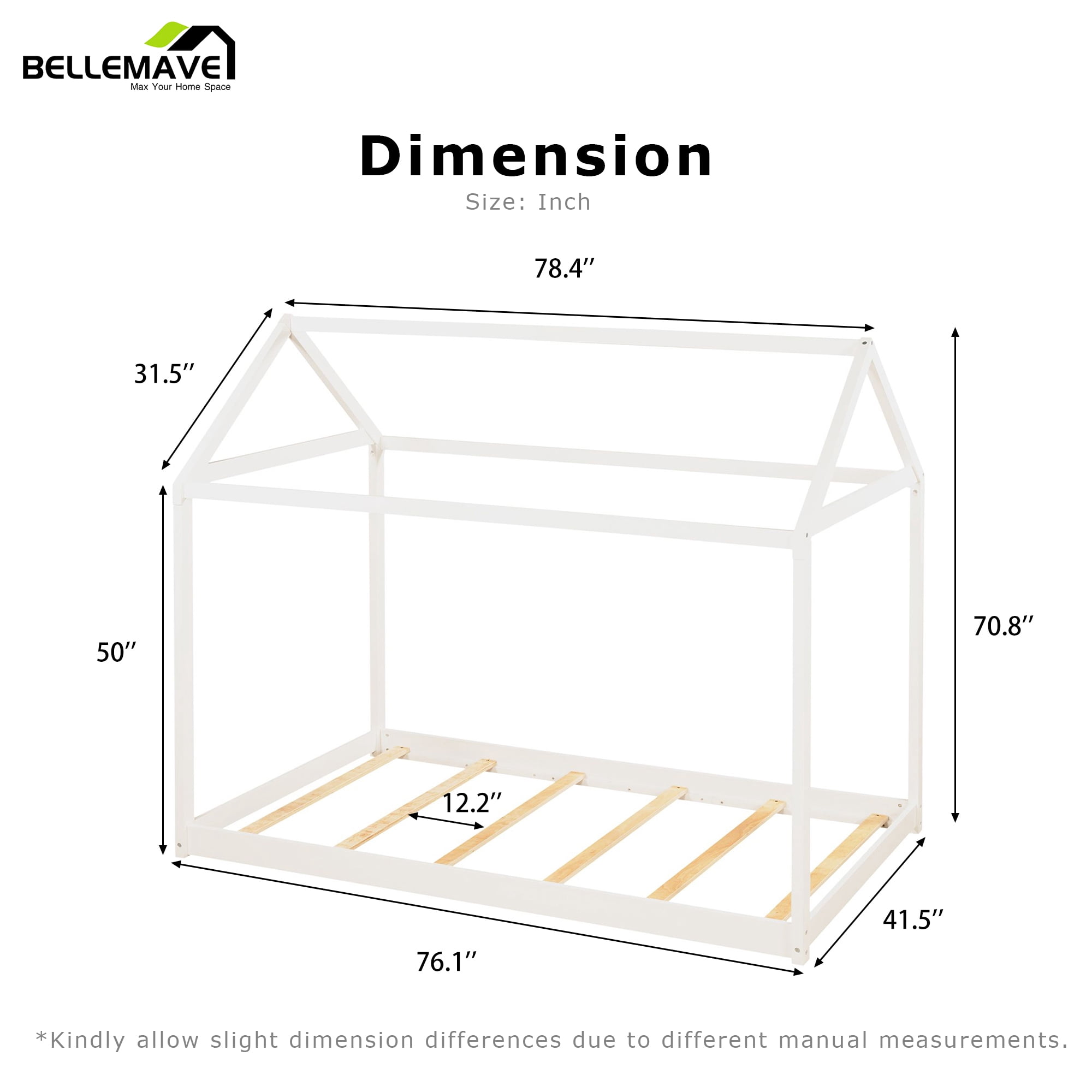 Bellemave Wood Twin Size  House Bed Frame, Montessori Floor Bed, No Box Spring Needed (White)