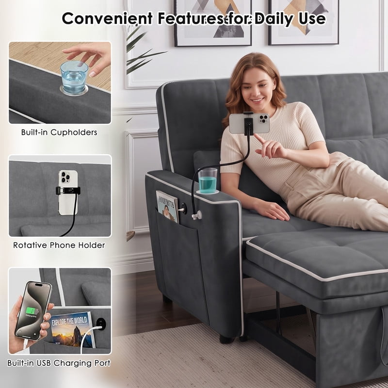 Anpport 54" 3‑in‑1 Convertible Sleeper Sofa Bed, Loveseat with White Trim, USB Charging Port, Phone Stand, 2 Cup Holders and 2 Pillows for Living Room, Bedroom and Apartment, Dark Gray