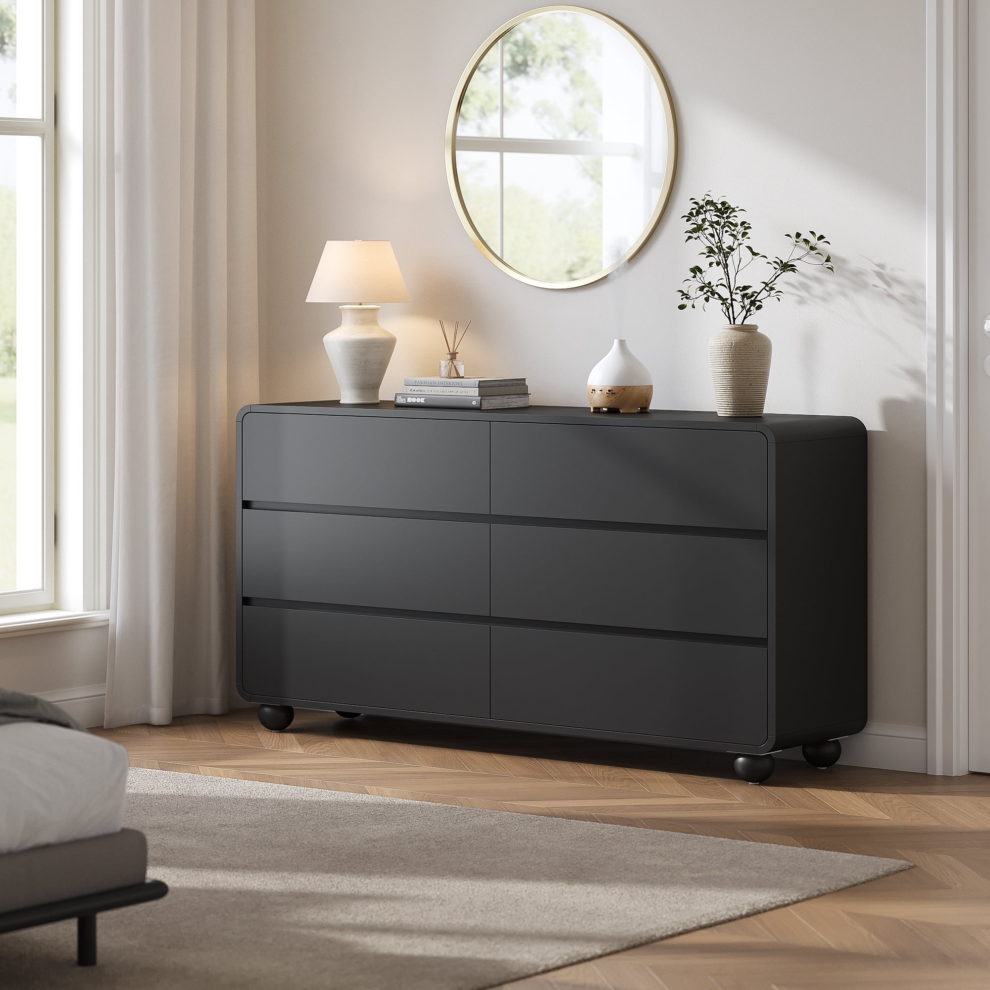 Aufeile Dresser for Bedroom, 6 Drawer Dresser & Chest of Drawers, 53" Modern Chest of Drawers with Curved Profile Design, Wood Dresser Storage Organizer for Adults, Black