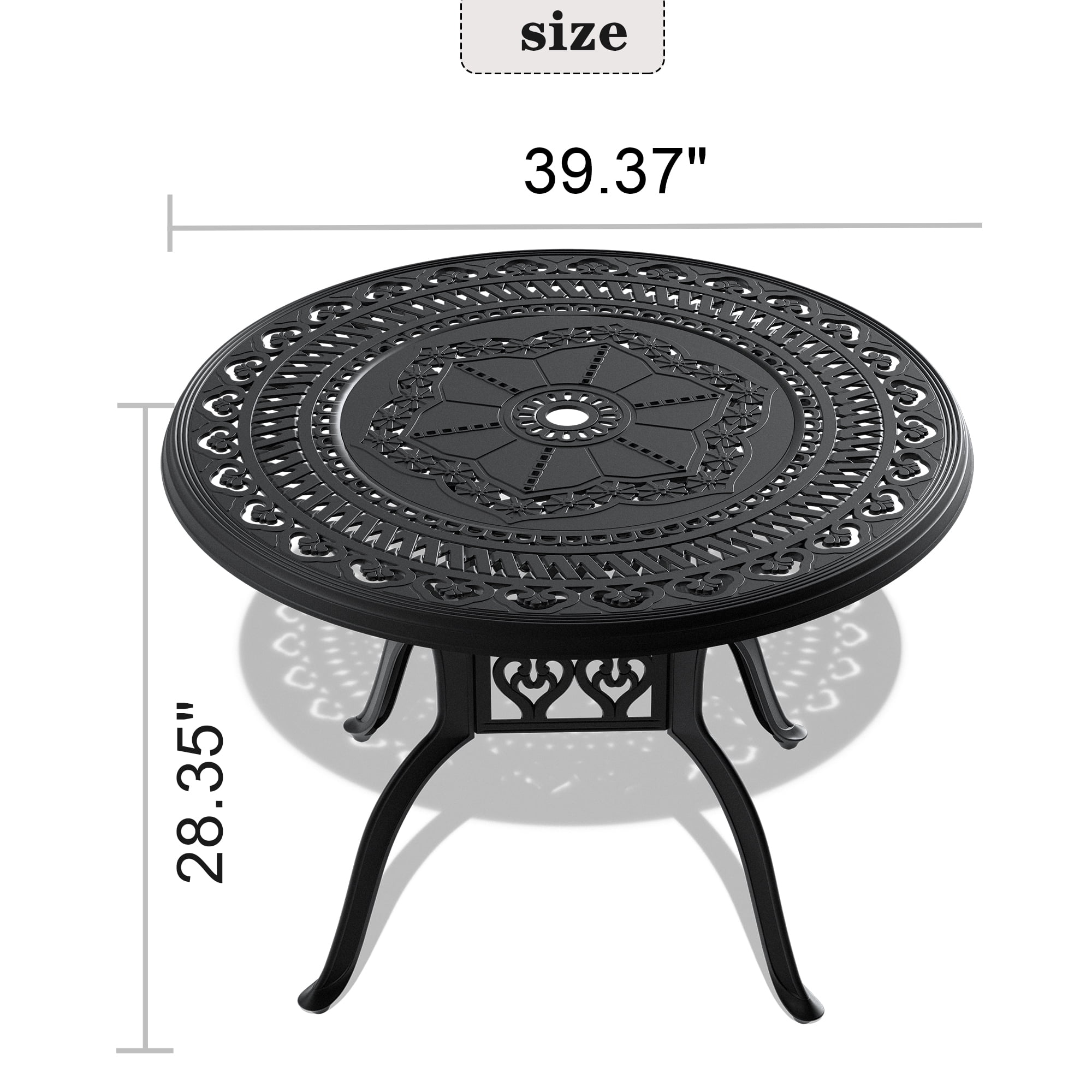 Round Cast Aluminum Patio Dining Table with Black Frame and Umbrella Hole for Garden Deck, Black