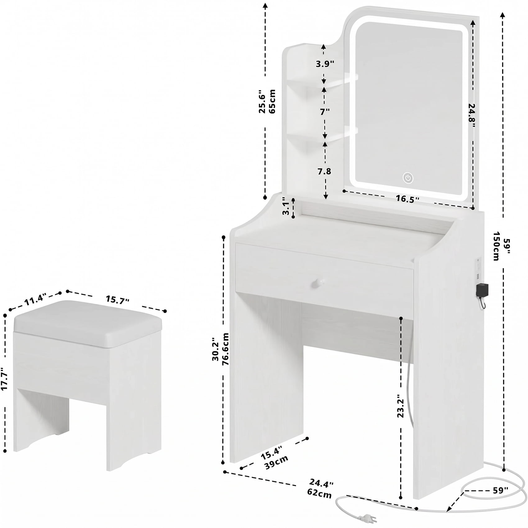 Alvantor Compact Makeup Vanity Desk with LED Mirror and Shelves Set