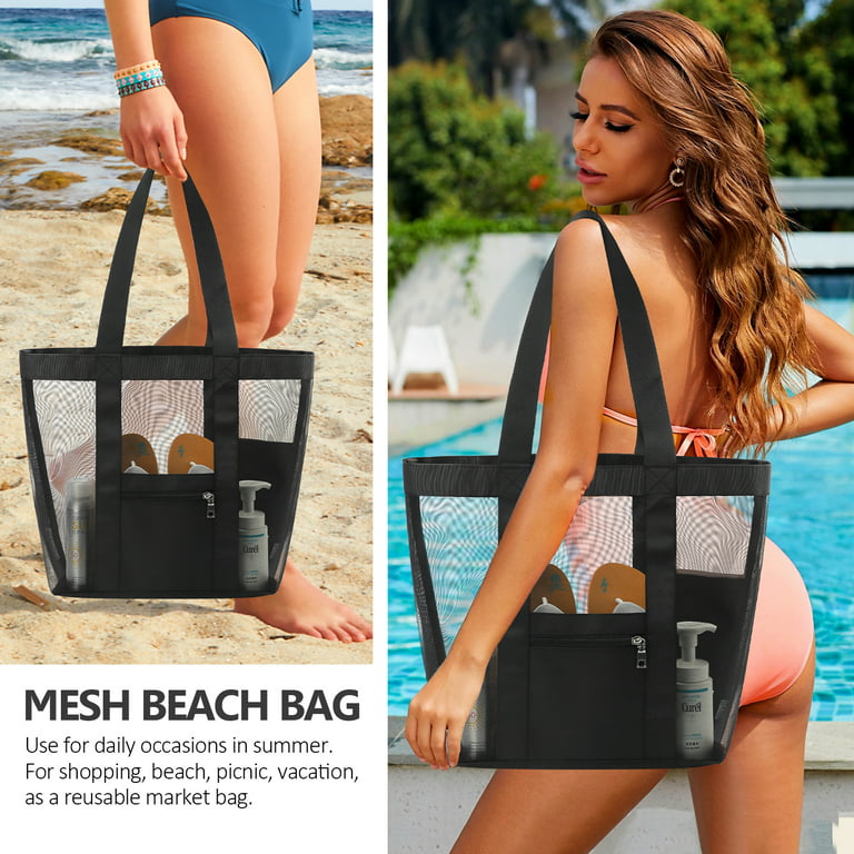 Beach Bags Women Mesh Tote Bag Black White Stripes Toy Grocery Pool Bag  with Pockets for Travel/Picnic/Shower