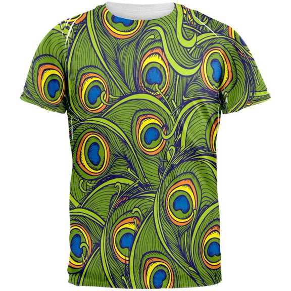 Graphic Peacock Feathers All Over Adult T-Shirt - Medium