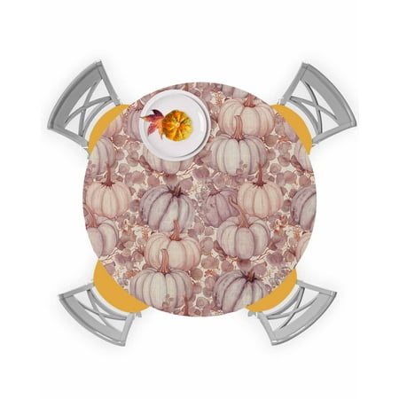 

Round Tablecloth with Elastic Fall Thanksgiving Pink Pumpkin Eucalyptus Leaves Linen Waterproof Stain-proof Table Cover Wipeable Fitted Table Cloths for 45 -54 Round Tables Dining Kitchen