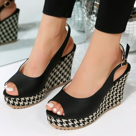 

XIAQUJ Ladies Fashion Summer Leather Open Toe Buckle Thousand Bird Check Printed Thick Wedge Heel Sandals Sandals for Women Black 8(40)