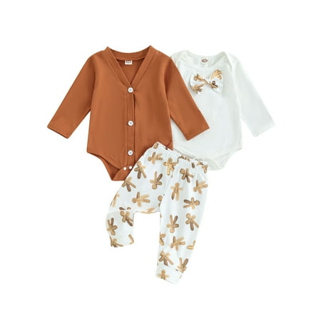 

Bslissey Baby Girls Boys Christmas Jumpsuit Outfit Long Sleeve Bowtie Romper + Buttons Coat Romper + Gingerbread Man Print Pants for Infant Toddler Clothes 0-24 Months