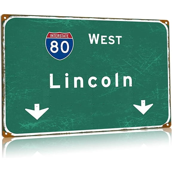 Lincoln City Street Sign West Interstate 80 Metal Tin Signs Highway Direction Instruction Signage Garage Airport Vintage Iron Plaque Bar Restaurant Club Wall Art Decor 16x24 Inch