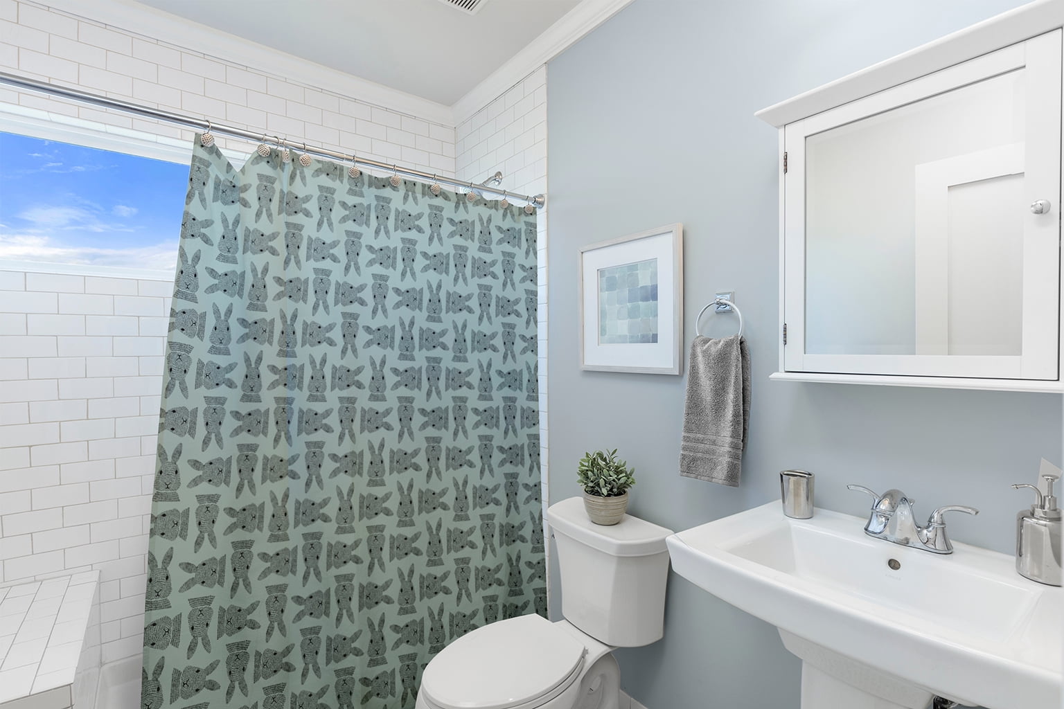 Simply Daisy 70" W x 73" L Criss Cross Bunnies Polyester Shower Curtain, Breezeway Green [1 Ct]