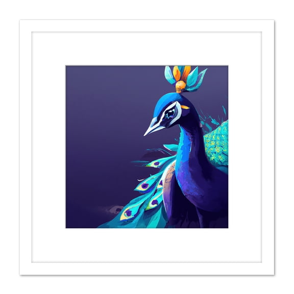 Peacock Peafowl Navy Blue Bird Nature Modern Contemporary Watercolour Painting Square Wooden Framed Wall Art Print Picture 8X8 Inch