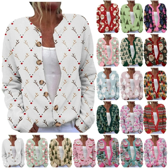 DDAPJ pyju Christmas Sweaters for Women Funny Xmas Tree Print Button Up Cardigans Plus Size Cozy Knitted Outerwear Clearance Sales Today Multicolor L