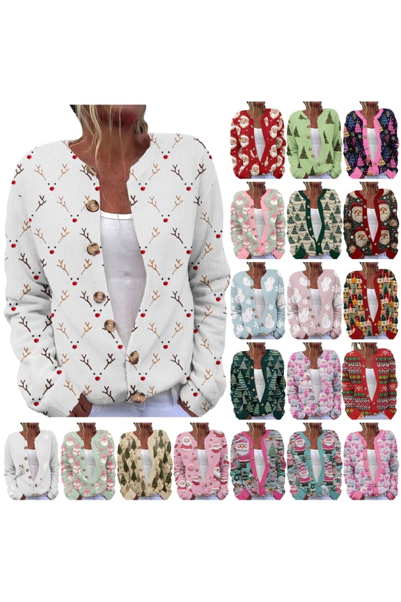 Christmas Sweaters Christmas Cardigan for Women Animal Floral Christmas Tree Long Sleeve Button Knit Cardigan Sweater Multicolor L