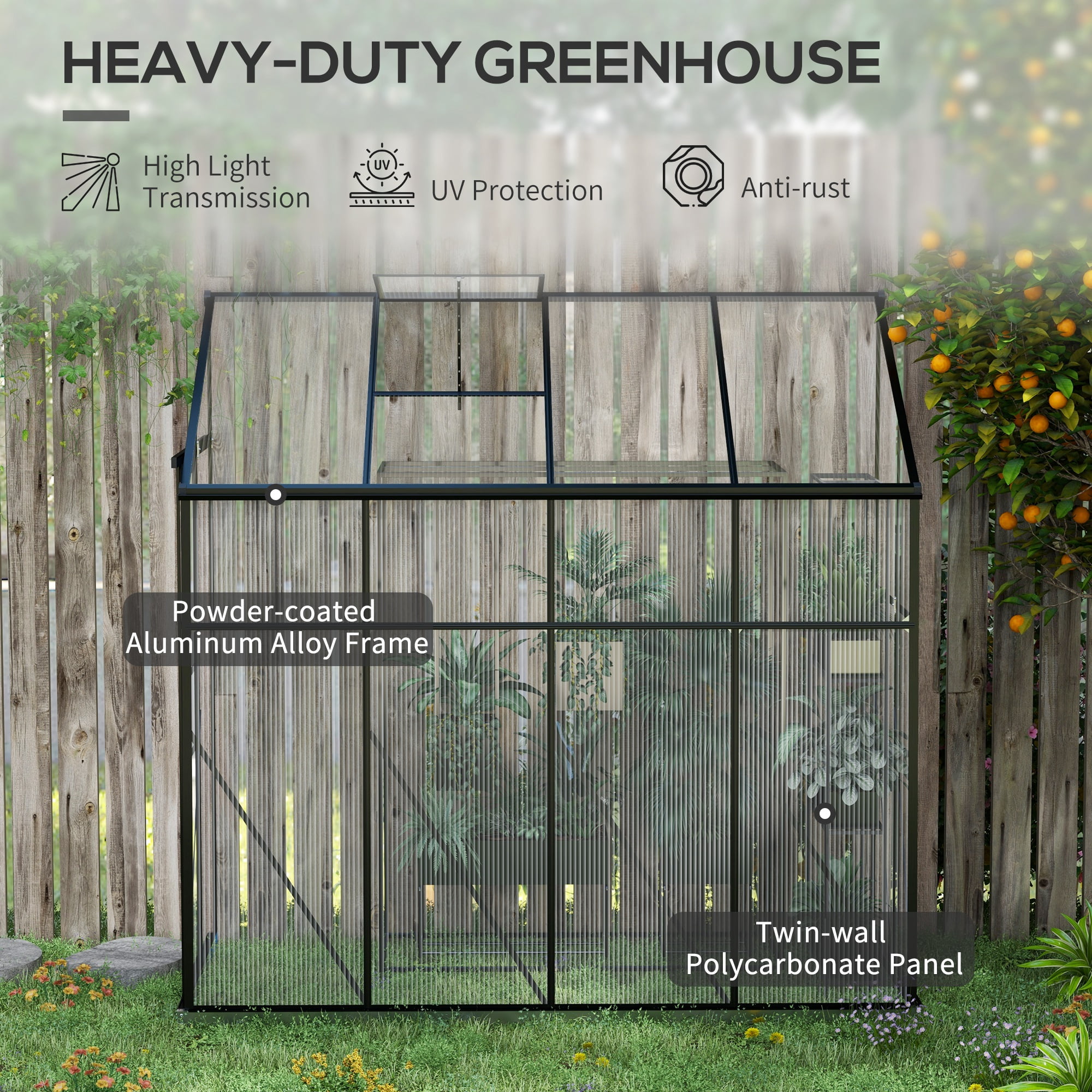 Homiyad 8' x 4' Walk-in Polycarbonate Greenhouse Lean-to Aluminum Green House with Rain Gutter and Foundation, Black