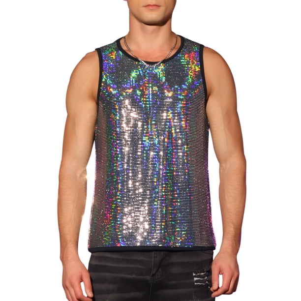 CAMISAS PARA HOMBRES INSPIRE CHIC Lentejuelas Cuello Redondo Sin Mangas Top Metálico XL Plata