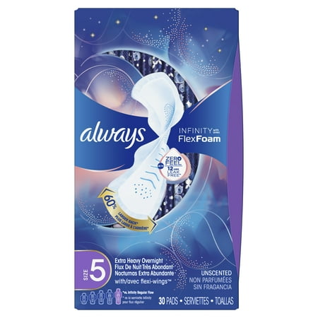 Always Infinity Size 5 Extra Heavy Overnight Sanitary Pads with Wings, Unscented, 30