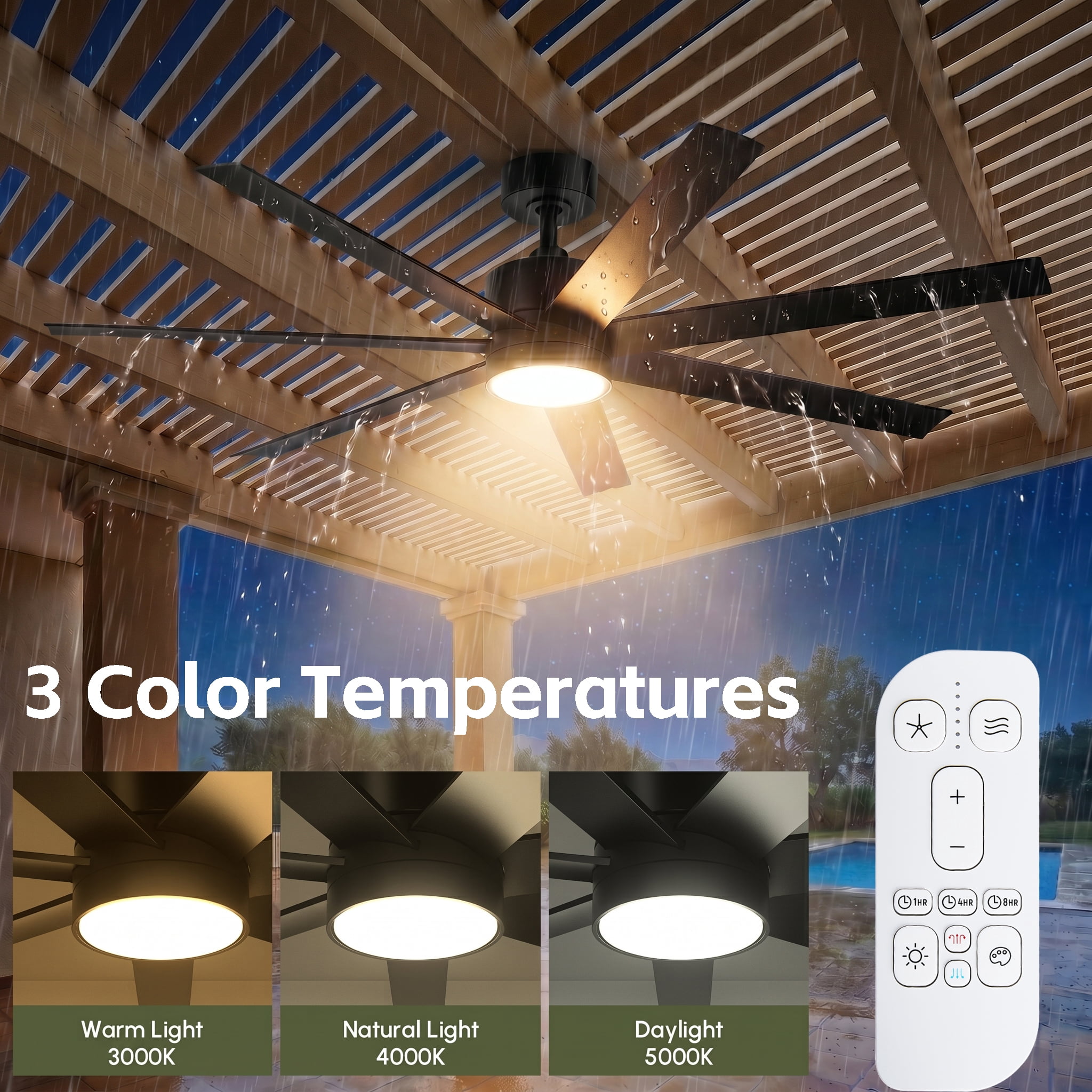 56" Outdoor Ceiling Fans for Patios Waterproof, All Weather UV Coating ABS 7 Blades Large Airflow Modern Black Wet Rated Fan for Exterior Outside Porch Gazebo Garage, 3CCT Dimmable Quiet DC Motor