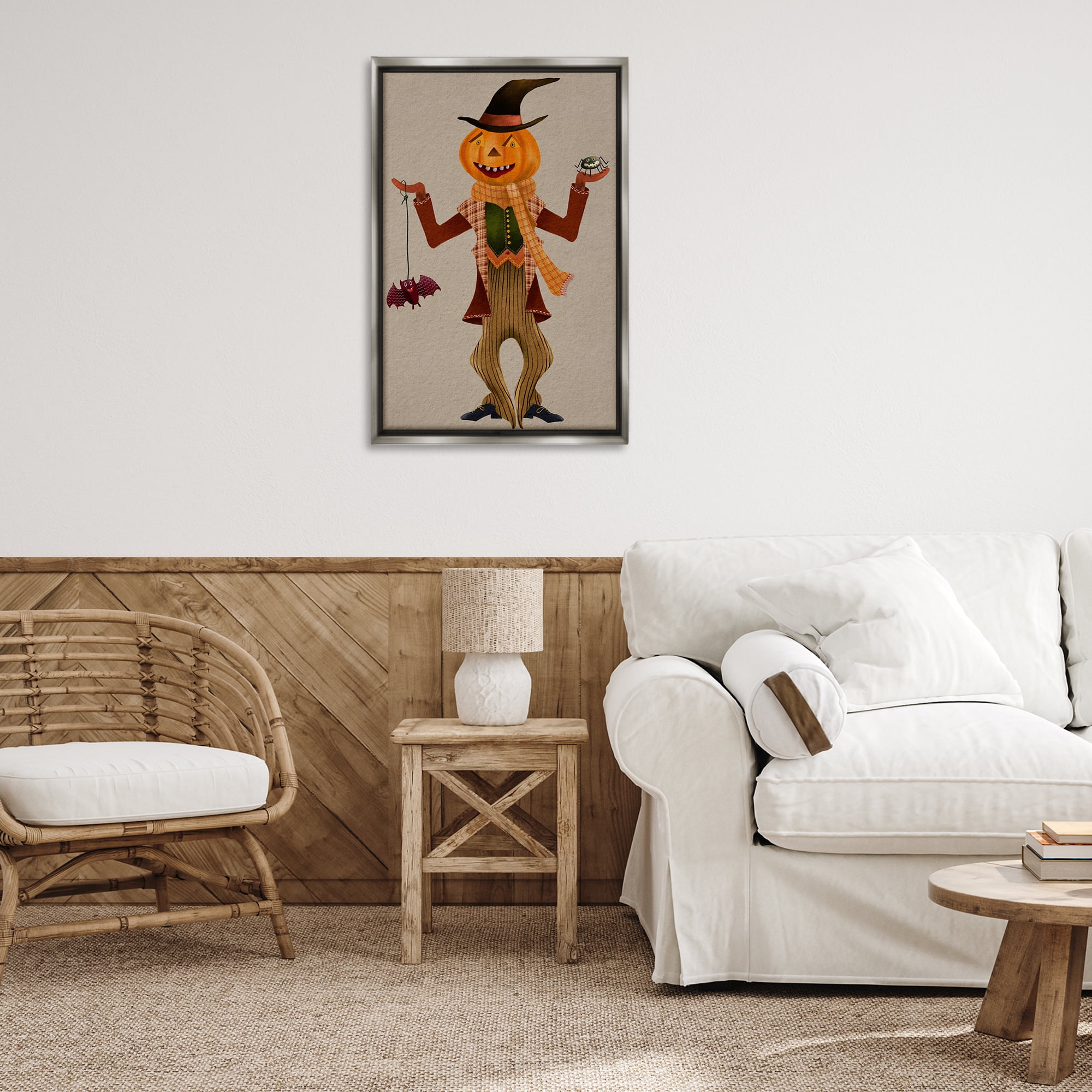 Stupell Industries Halloween Scarecrow & Bat Holiday Painting Gray Floater Framed Art Print Wall Art, 21 x 31