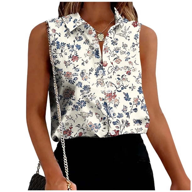 TaTaai Lapel Printed Blouse Breathable Wrinkle-Resistant Women's Fashion Sleeveless Short Sleeve Button Loose Summer Casual Office Top Gift