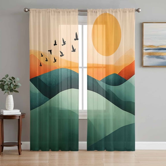 Green Orange Mountain Sheer Curtains 84 Inch Length 2 Panels Set, Sunset Birds Abstract Art Voile Window Treatment Rod Pocket Curtains Sheers Drapes for Bedroom/Living Room/Kitchen 52"x84"x2