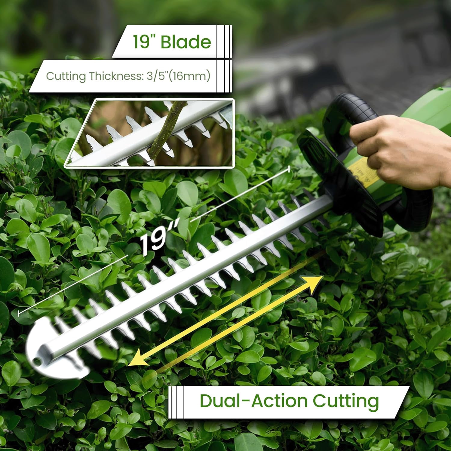 19 Inch Cordless Hedge Trimmer with 20V Battery, 1300RPM Motor for Garden Bush Shaping