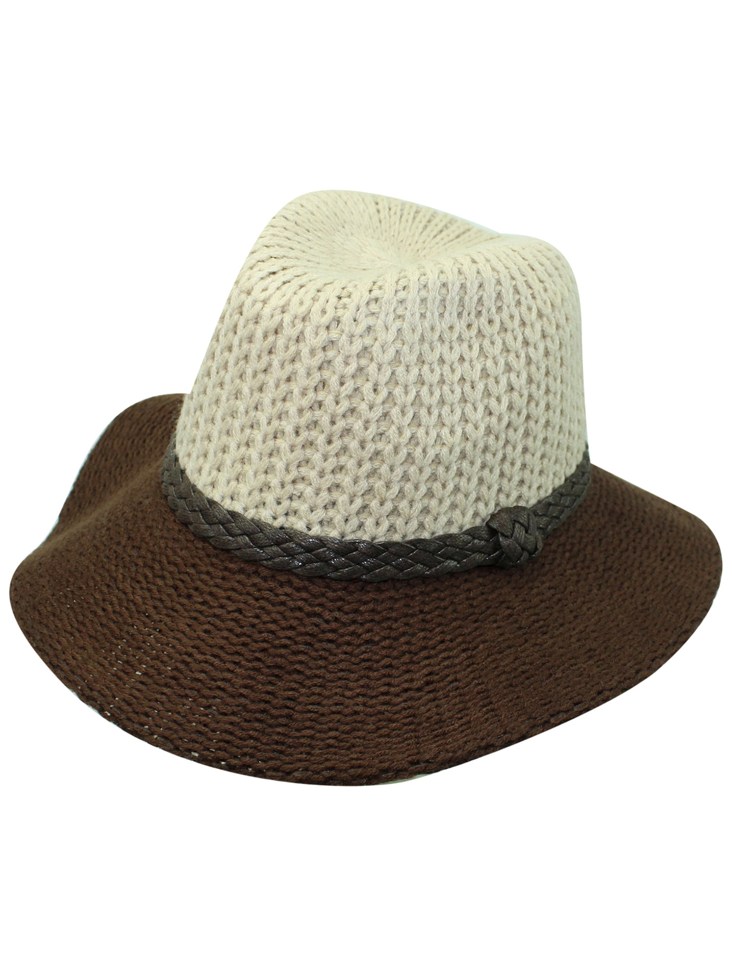 Two-Tone Beige \u0026 Brown Knit Fedora Hat 