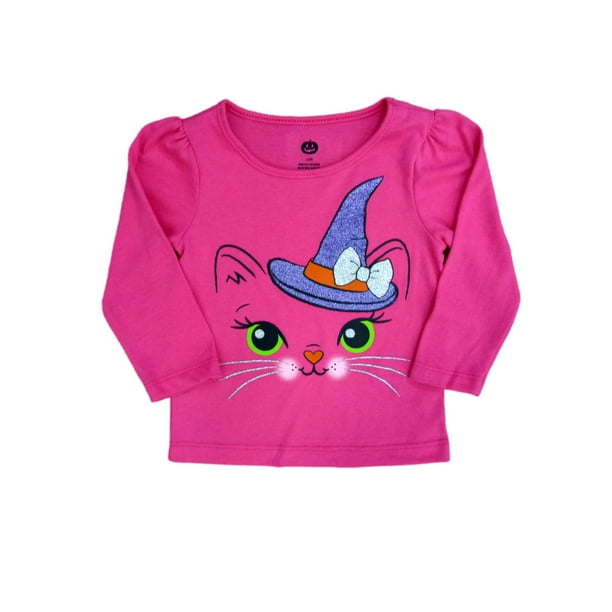 My Halloween Infant Toddler Girls Pink Glittery Cat Halloween Shirt Long Sleeved TShirt