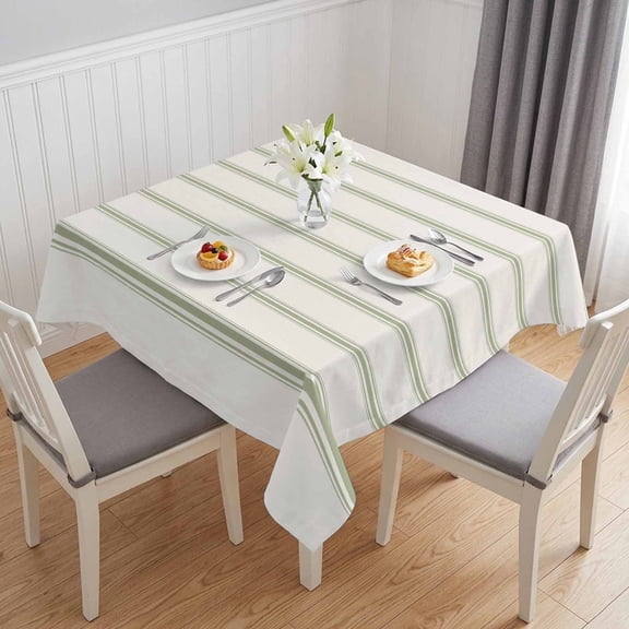 Sage Green Striped Table Cloth Waterproof Tablecloths, Rustic Green Stripe Modern Art Beige Tablecloth Dining Table Cover for Kitchen Party Tabletop Outdoor, Square Tablecloth 54x54 Inch
