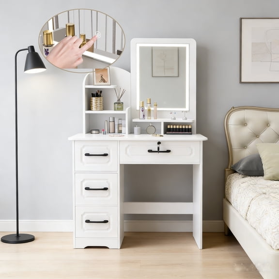 Tereitr Makeup Vanity Table with LED Mirror and Drawers, White Dressing Desk with 6 Shelves, Bedroom Makeup Station, Storage Vanity for Women