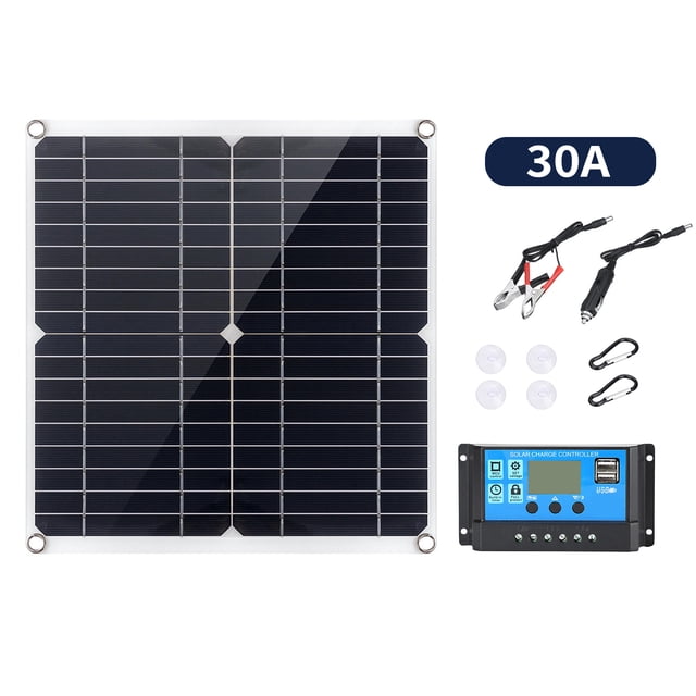 18V 12-15W Monocrystalline Portable Solar Panel Kit with 30A 300W Controller, Dual USB Charging Ports, DC5521 Female Battery Clip Interface, Lighter Line, 4 Suckers & 2 Outdoor Mountaineering Buckles