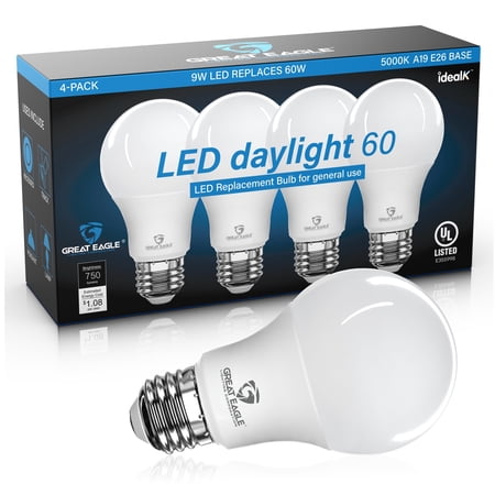 Great Eagle 60W LED Light Bulbs (Uses only 9W) 5000K Daylight, Non-dimmable A19 E26 base, UL Listed Lightbulbs Lamp 4-Pack