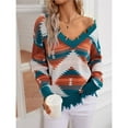 thumbnail image 5 of Woman Western Aztecs Knit Sweater Long Sleeve Vintage Geometric Pullover V Neck Distressed Cropped Sweater Royal Blue M, 5 of 10