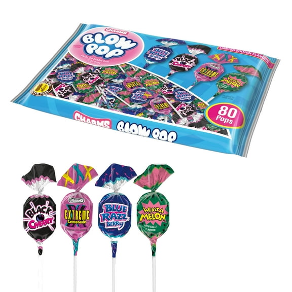 Charms Blow Pop Lollipops KEF28 Limited Edition Assortment - Blue Razzbery, Black Cherry, What A Melon and Extreme Lemonade - Dual Candy and Gum Suckers - Bulk Treat for Kids and Adults, 80 Count