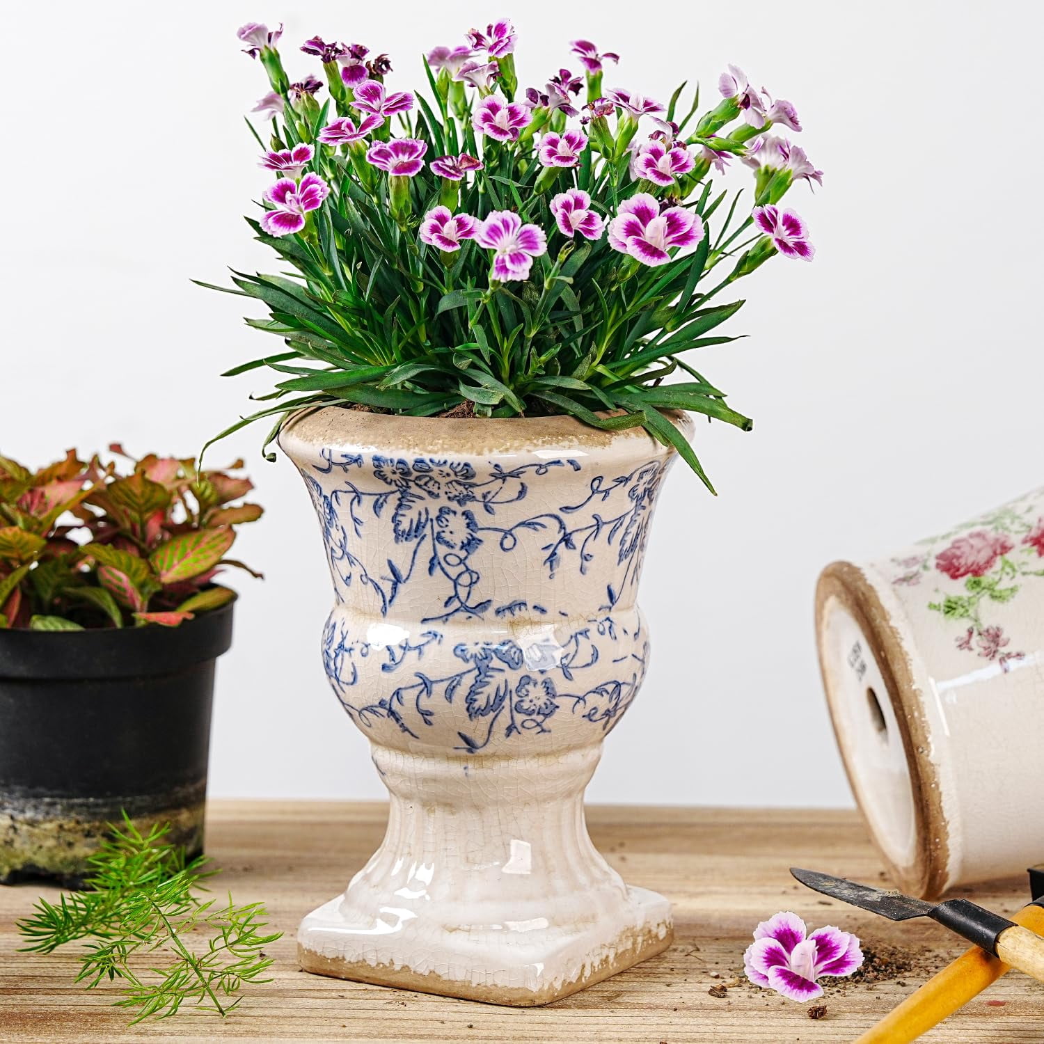 Sungmor Small Ceramic Urn Planter - Blue and White Floral Pedestal Flower Pot, Decorative Vintage Chinoiserie Style Planters, Tuscan Accent Vase Indoor Outdoor Plant Holder with Drainage