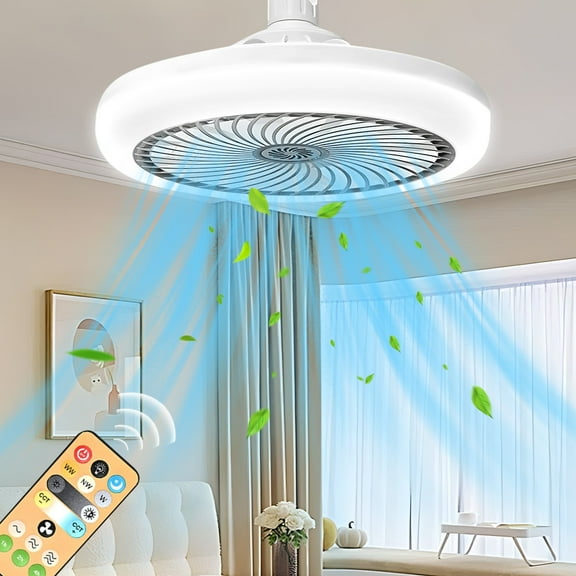 Remote Control Ceiling Fan Light E27 Base Three Speed Three Light Levels Timer Aromatherapy Attachment Study Bedroom Living Room(Gray)