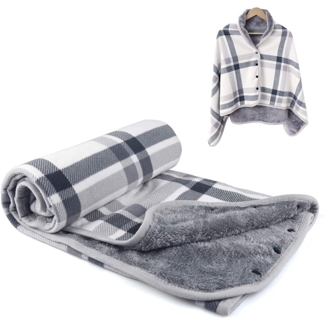 Manta portátil, manta de regazo a cuadros, cómoda manta de poncho con botones para cama, sofá, oficina, gris y blanco