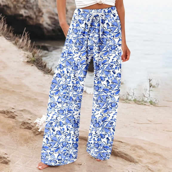 KDFJPTH Floral Print Wide Leg Pants for Women Elastic Drawstring Waist Casual Beach Trousers with Pockets Blue L