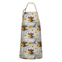 Gray Highland Cow Bathtub Sunflower Pattern Apron-Garden Aprons for Women with Pockets-Cotton Linen Waterproof Kitchen Cooking Gardening Aprons Adjustable for Kitchen,Cooking,BBQ and Salon 33x27 Inch