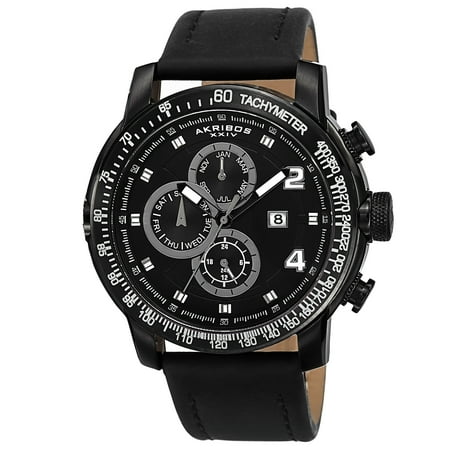 Akribos XXIV Men's Swiss Quartz Tachymeter Leather Black Strap Watch