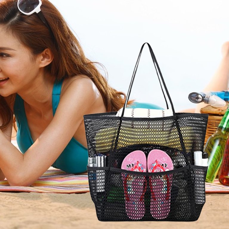 KABAQOO Black Women Large Beach Bag Mesh Tote Bags with Zipper and