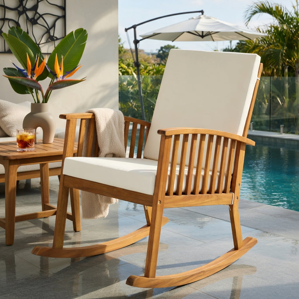 Hommoo Acacia Wood Outdoor Rocking Chair with Removable Washable Cushions, Patio, Backyard & Balcony Seating, Natural