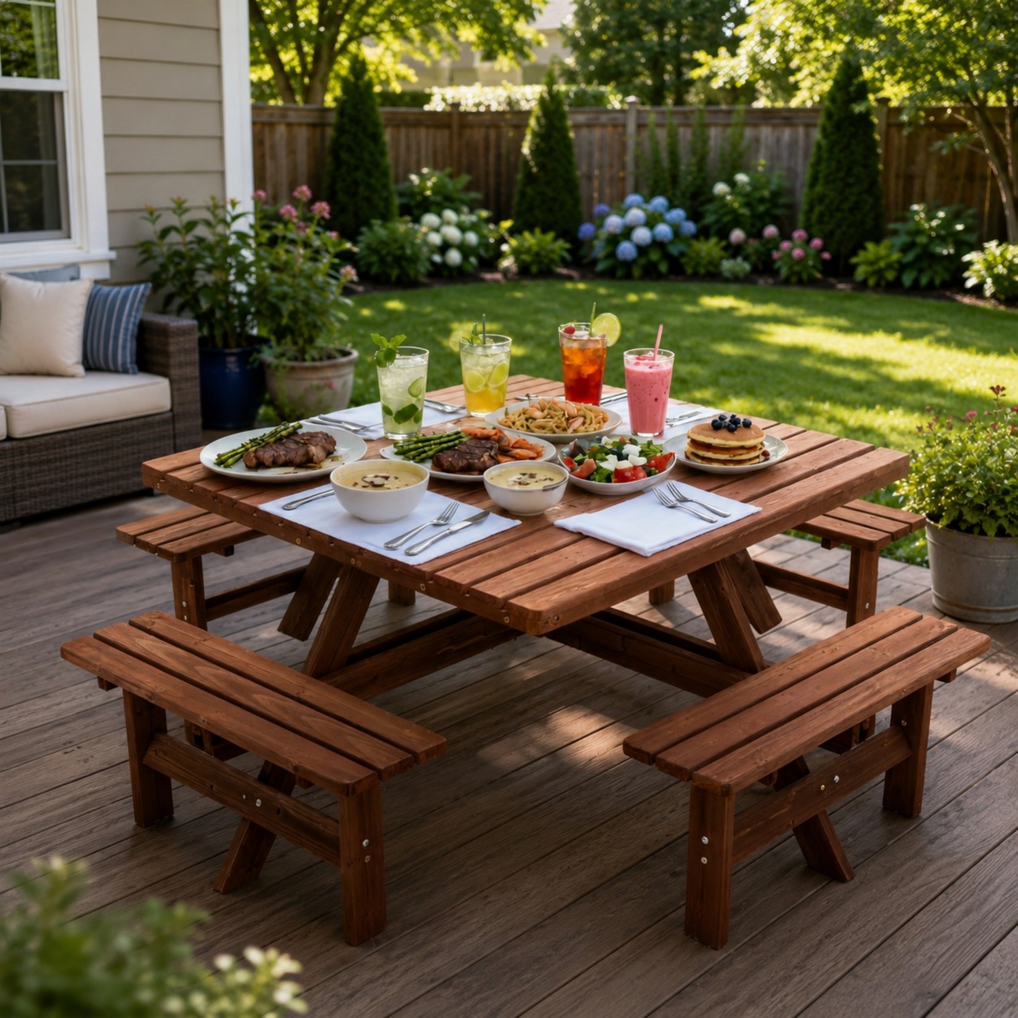 DEALTOPS 8-Person Solid Wood Square Picnic Table Set with Umbrella Hole & 4 Built-in Benches for Patio
