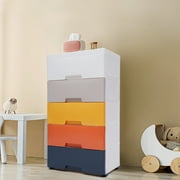 Aiqidi 5 Plastic Drawers Dresser, 18x12x33 Inch Colorful Vertical Clothes Storage Chest Bedroom Tower Closet Organizer Cabinet w/Wheels
